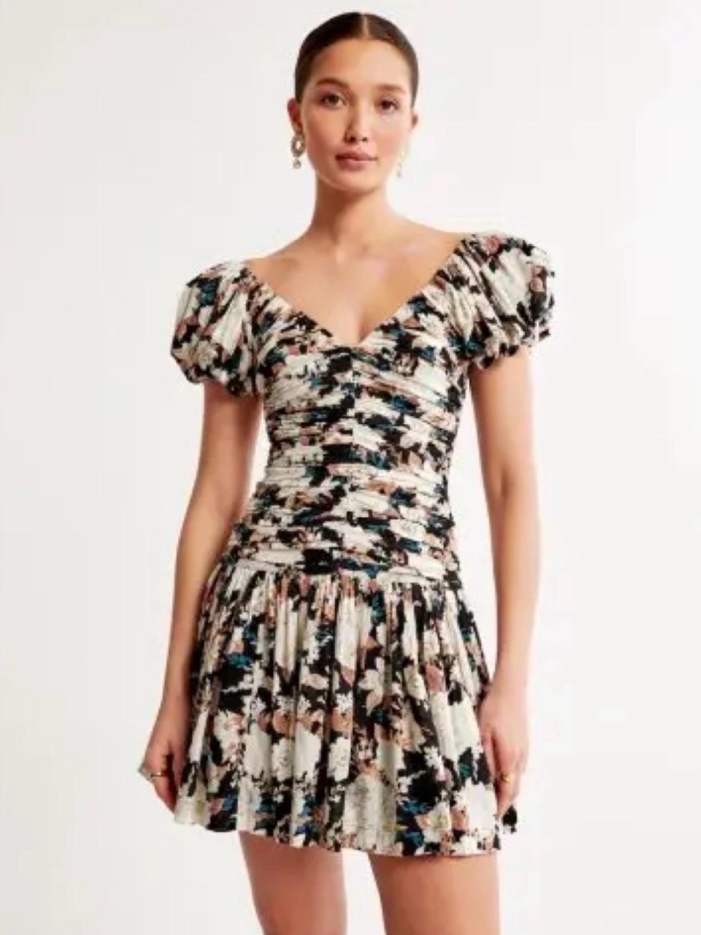 Abercrombie and Fitch Floral Puff-Sleeve Mini Ruched Dress Cotton Size XL Boho